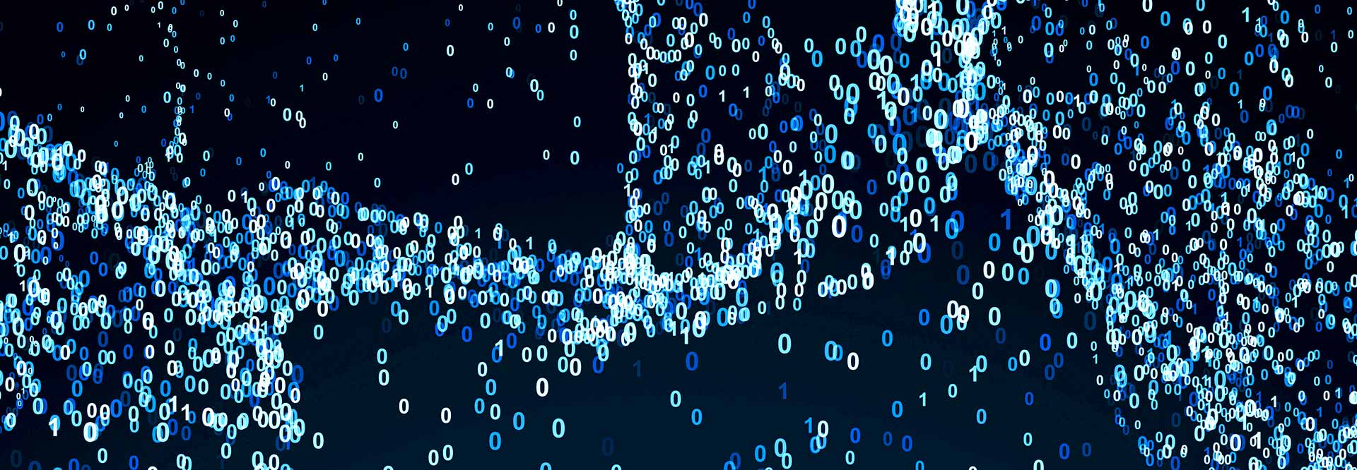 The picture shows shining, swirling zeros and ones against the dark background.